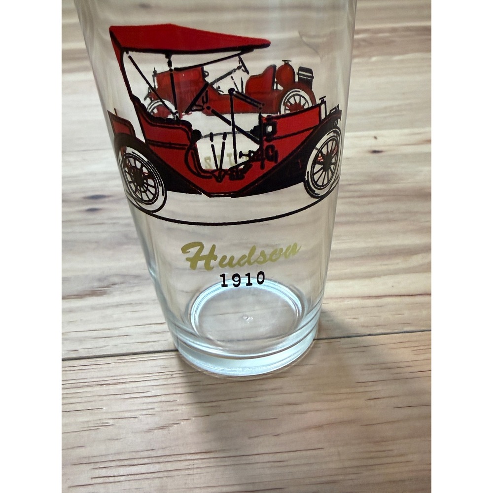 Hazel Atlas Tumbler Glass MCM 60s Clear Red Antique Cars 1910 Hudson 1914 Stutz